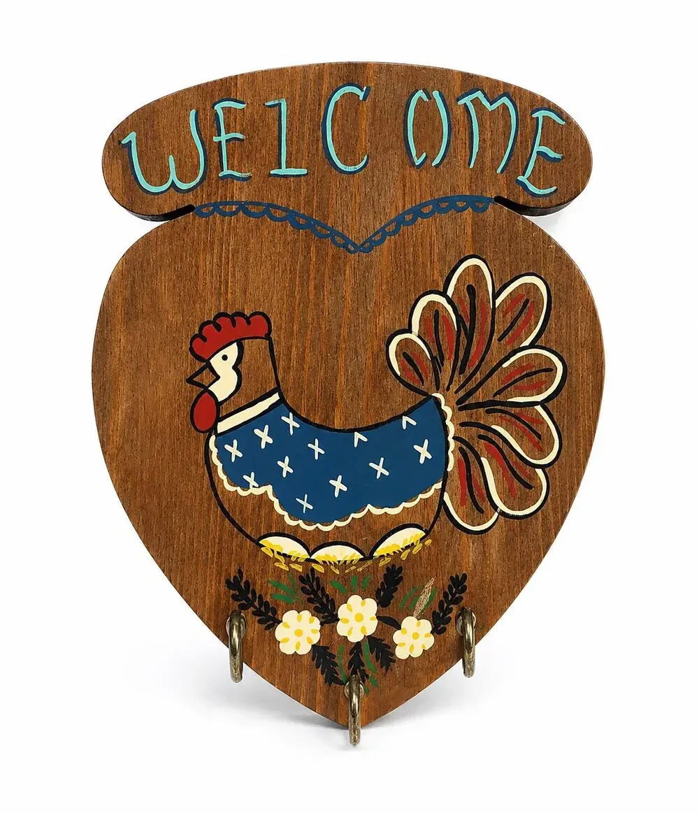 Vintage Hand Painted Wooden Heart Key Holder Country Rooster Cottagecore